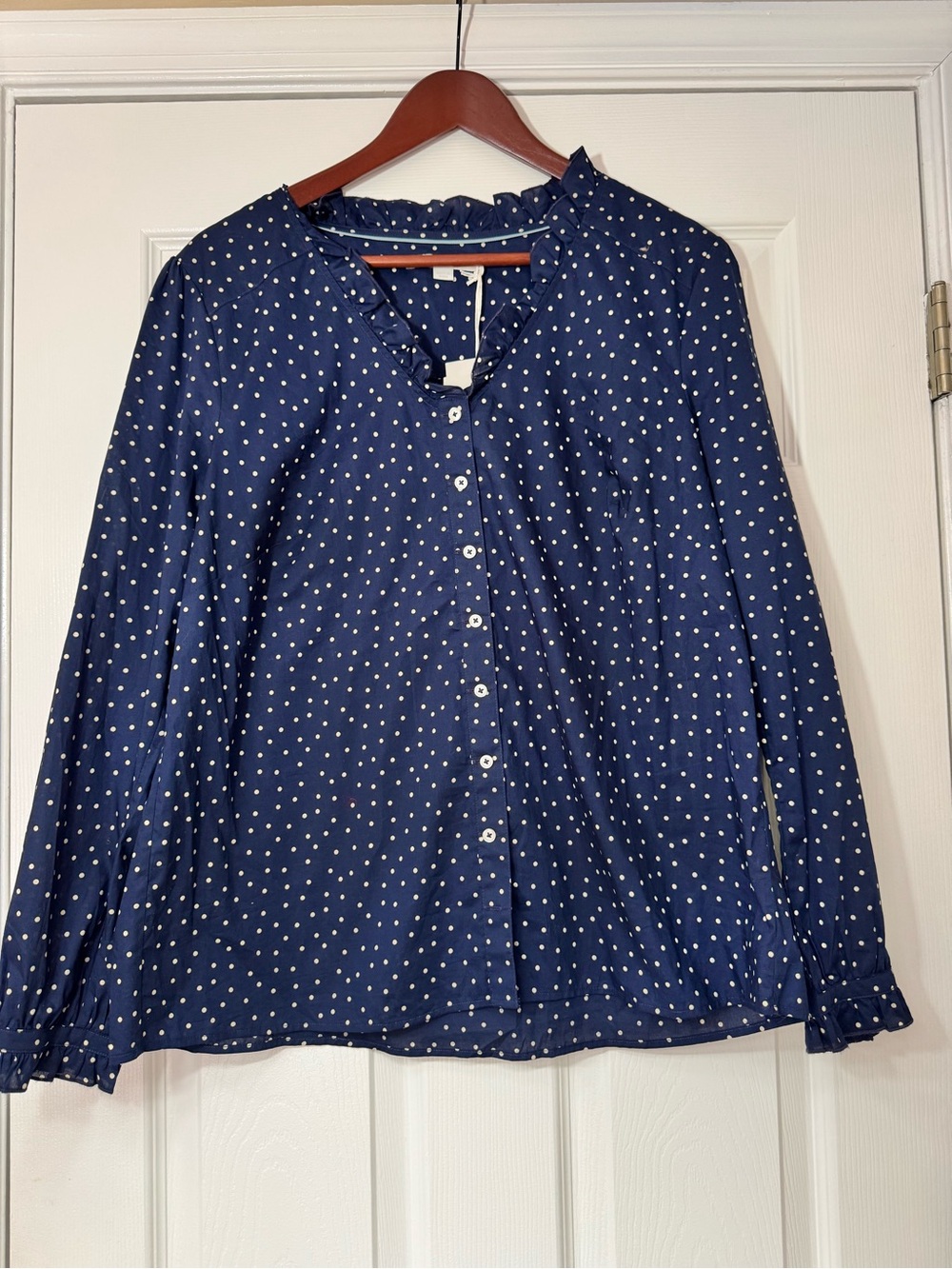 Boden NWT Navy Polka Dot Ruffle Blouse – Size 14
